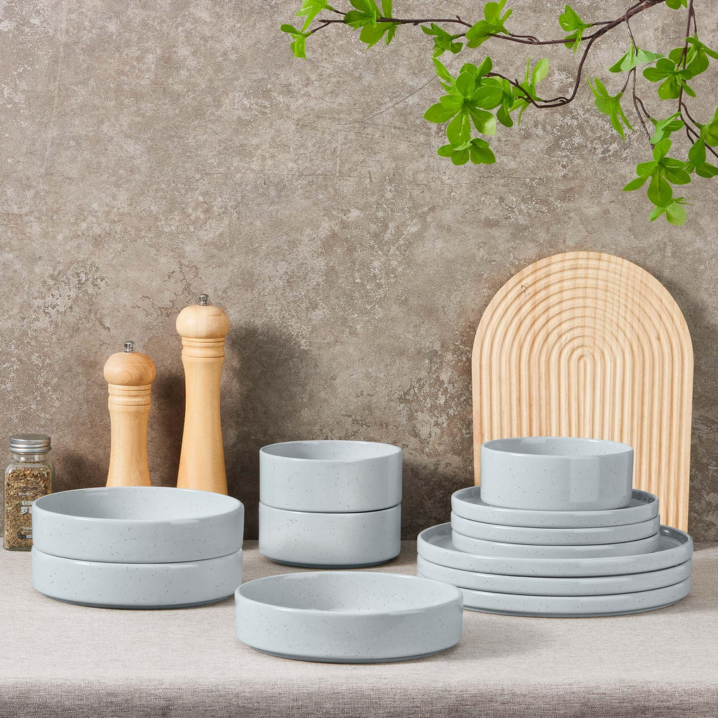 Stoneware Dinnerware Set with Salad Bowls, 24 Piece Kitchen Dinner Dish Set for 6, Plates and Cereal Pasta Bowls