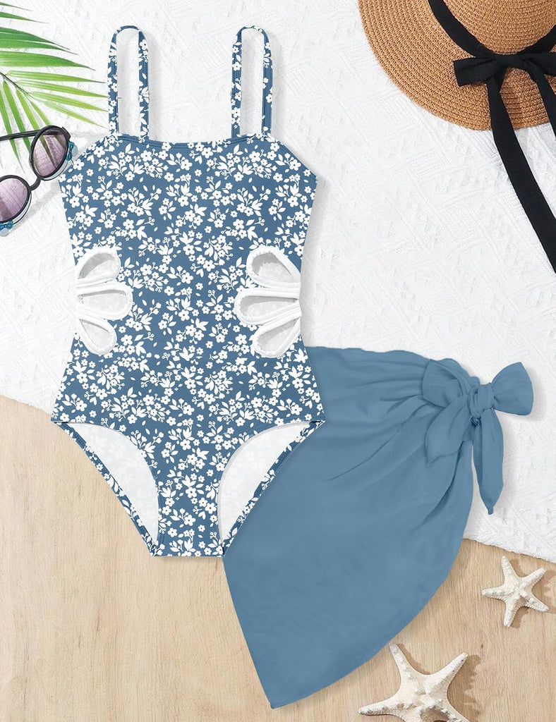 Girls Swimsuit Adjustable Straps Cut Out One Piece Bathing Suit with Solid Color Cover Up Skirt Girls' Swimwear