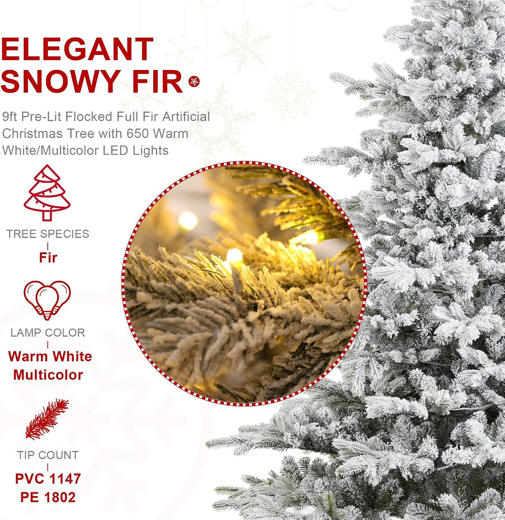 9ft Pre-Lit Artificial Christmas Tree Heavy Snow Flocked Full Christmas Fir Tree with Realistic PE/PVC Frosted