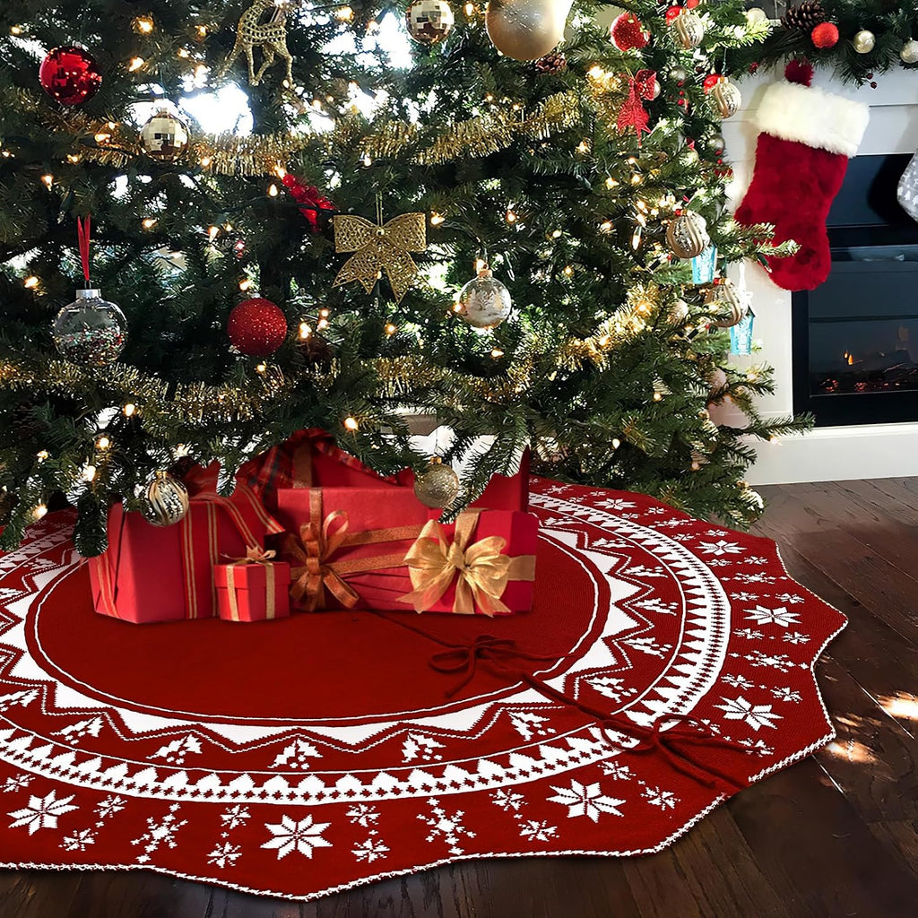Christmas Tree Skirt 60 Inch, Knit Red Tree Skirt with Poinsettia Pattern, Rustic Double-Sided Large Knitted Xmas