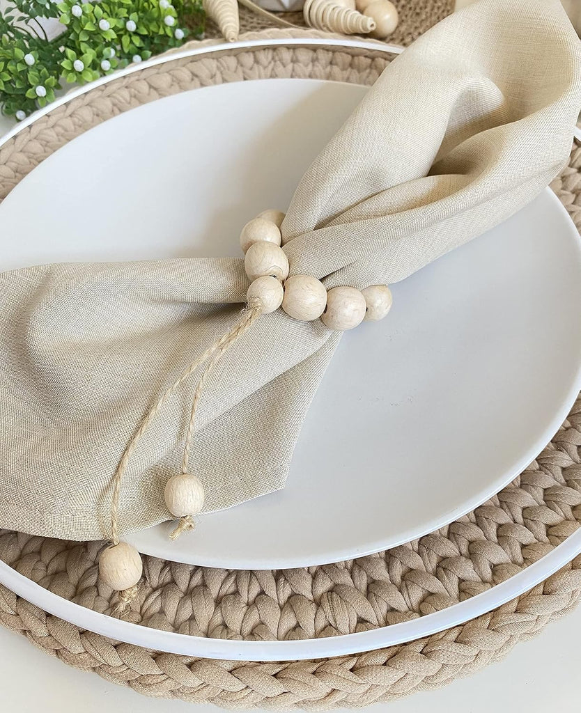 Handmade Napkin Ring with Wood Beads & Jute Twine - Affordable Rustic Wooden Napkin Ring Holder for Table Decoration - Set of 6