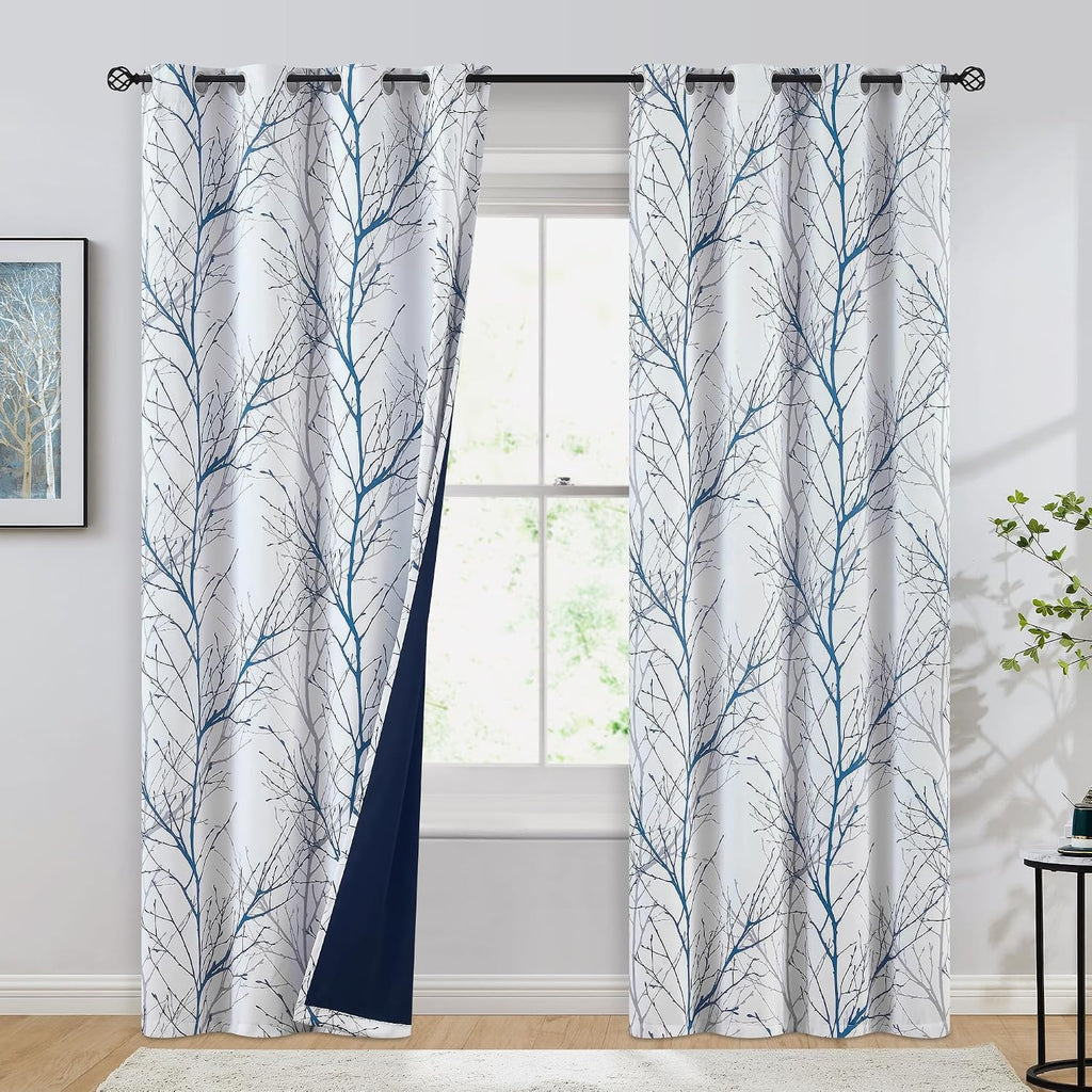 100% Blackout Curtains, Blue White Tree Curtains 84 Inches Long, Grey Farmhouse Room Darkening Window Curtains for