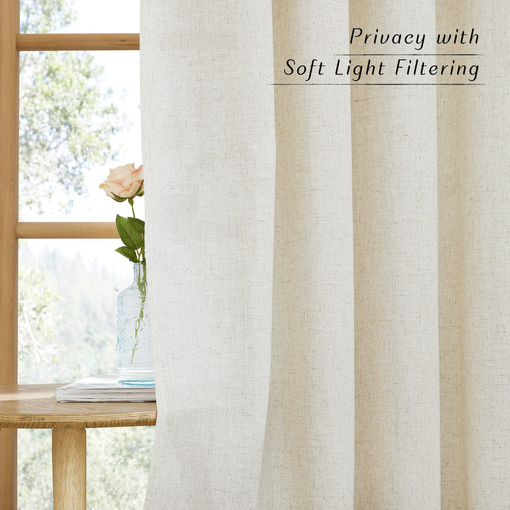 Extra Long Linen Curtains 132 inches Long, Grommet Privacy Added Thick Burlap with Light Filtering Semi Sheer Window