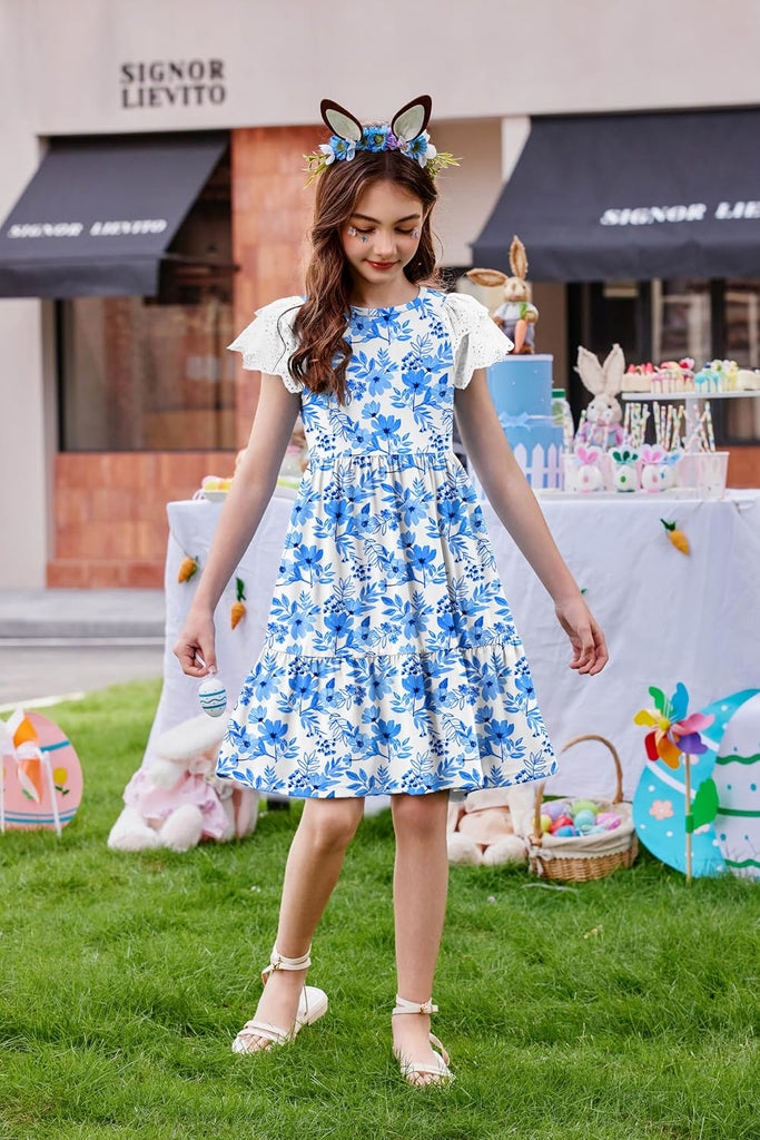Girls Summer Dresses Casual Flutter Sleeve Midi Dress with Pockets