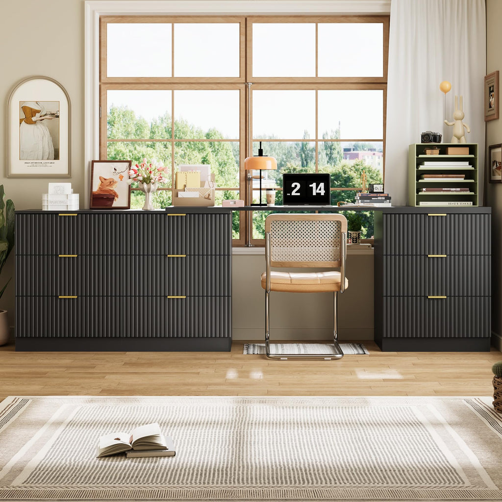 L-Shaped Rotatable 9 Drawer, 71" Wide Deformable Black with Gold Metal Handles, Modern Fluted Chest of Drawers