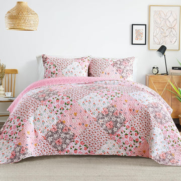 Patchwork Quilts Queen, Extra Soft Boho Floral Bedspreads for Bed Reversible Lightweight Full Queen Quilt Bedding Set