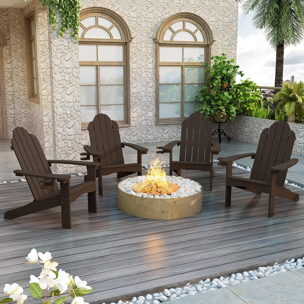 Outdoor Adirondack Chair, Cup Holder, Set of 4, Dark Brown | HDPS poly lumber, all-weather resistant, Low
