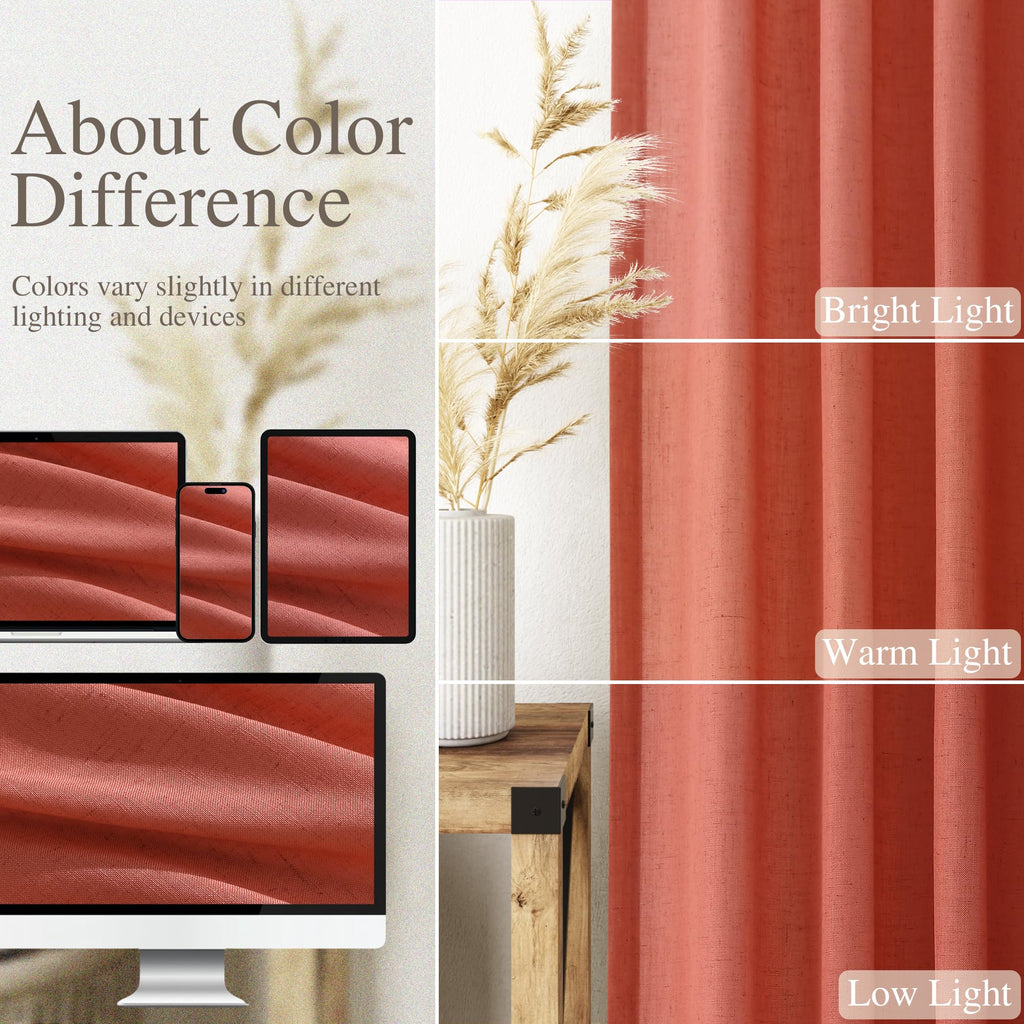 Coral Linen Curtains 102 Inches Long 2 Panel Set Back Tab Rod Pocket Semi Sheer Light Filtering Burlap Extra Long