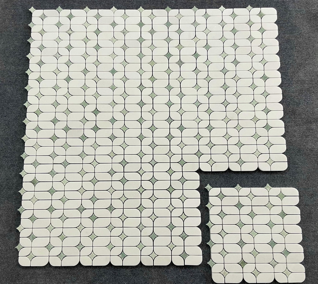 Thassos White Marble Mosaic Tile with Ming Green Accents - Polished Decorative Stone Tile Backsplash, Bathroom Wall &