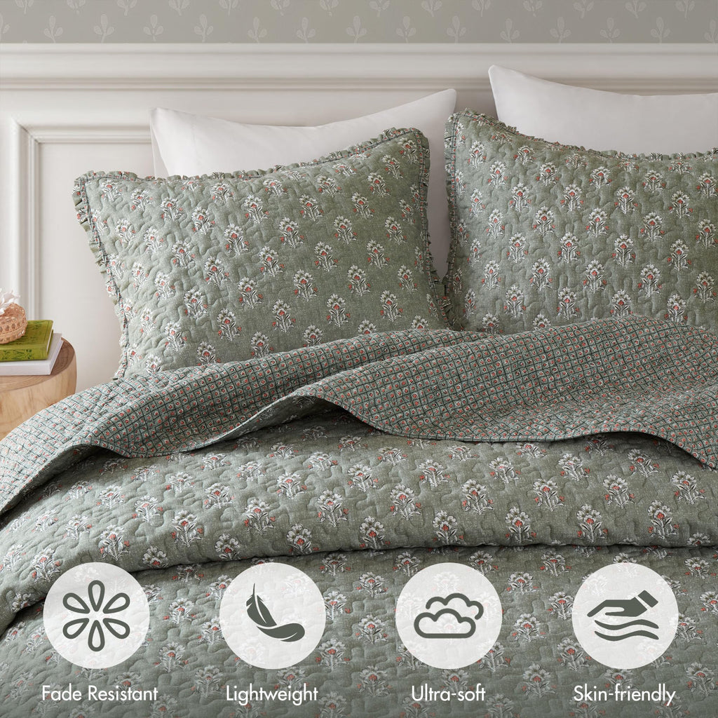 Vintage Floral Quilt Set, 3PC Reversible Bedding Set