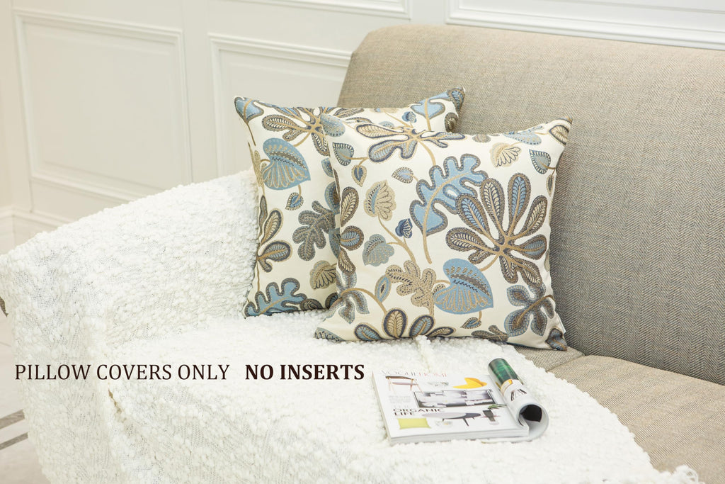 Set of 2 Jacquard Tropical Leaf Pattern Throw Pillow Covers Decorative Pillowcase 20x20 Inches, Blue Cream