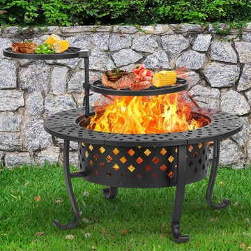 36 Inch Fire Pit with 2 BBQ Grills, Wood Burning Fire Pits for Outside with Lid & Fire Poker