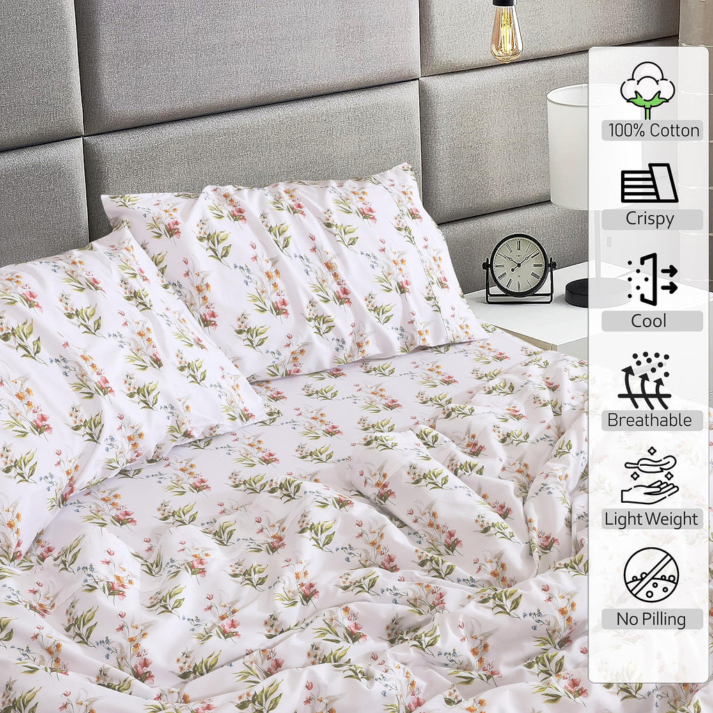 100% Cotton Split King Sheets, Percale Sheet Set, Floral Bliss