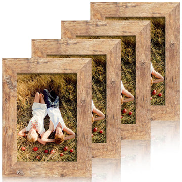 4x6 Picture Frame Set of 4, High Definition Real Glass Rustic Brown Frame, 4 x 6 Wood Photo Frames for Tabletop