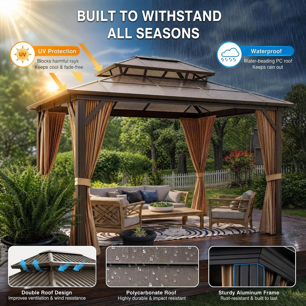 10x12ft Gazebo, Hardtop Outdoor Canopy Aluminum Frame Permanent Gazebo with Netting and Curtains
