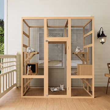 70" Walk-in Wooden Catio, Outdoor Cat Enclosure with Window Access, Natural