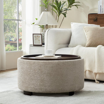 30 Inch Round Storage Ottoman, Ottoman Coffee Table with Lift Off Lid, Boucle Modern Ottomans with Storage s (Light