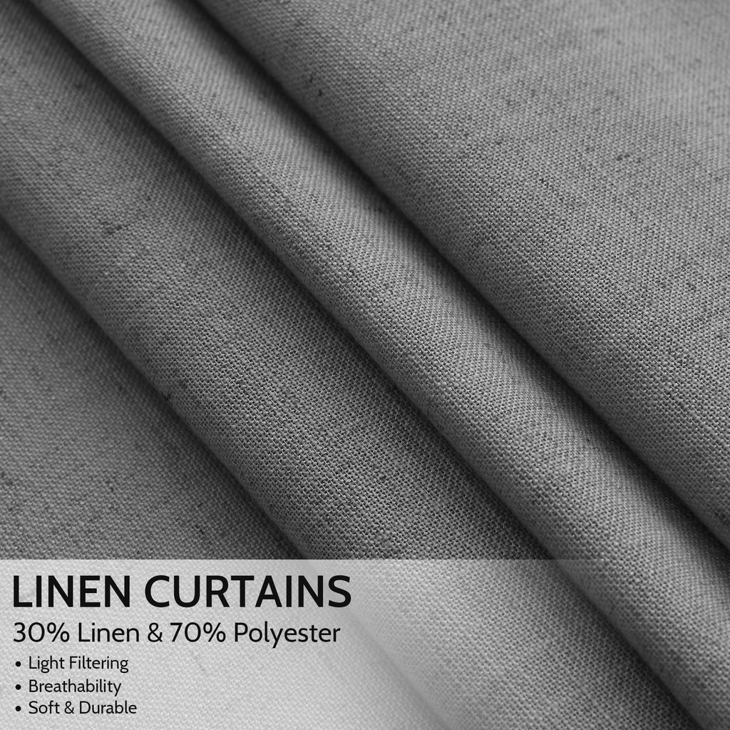 Blazer Grey Linen Curtains 72 Inch Long Bedroom Lightweight Door Drapes 2 Panels Set, Semi Sheer Light Filtering Back