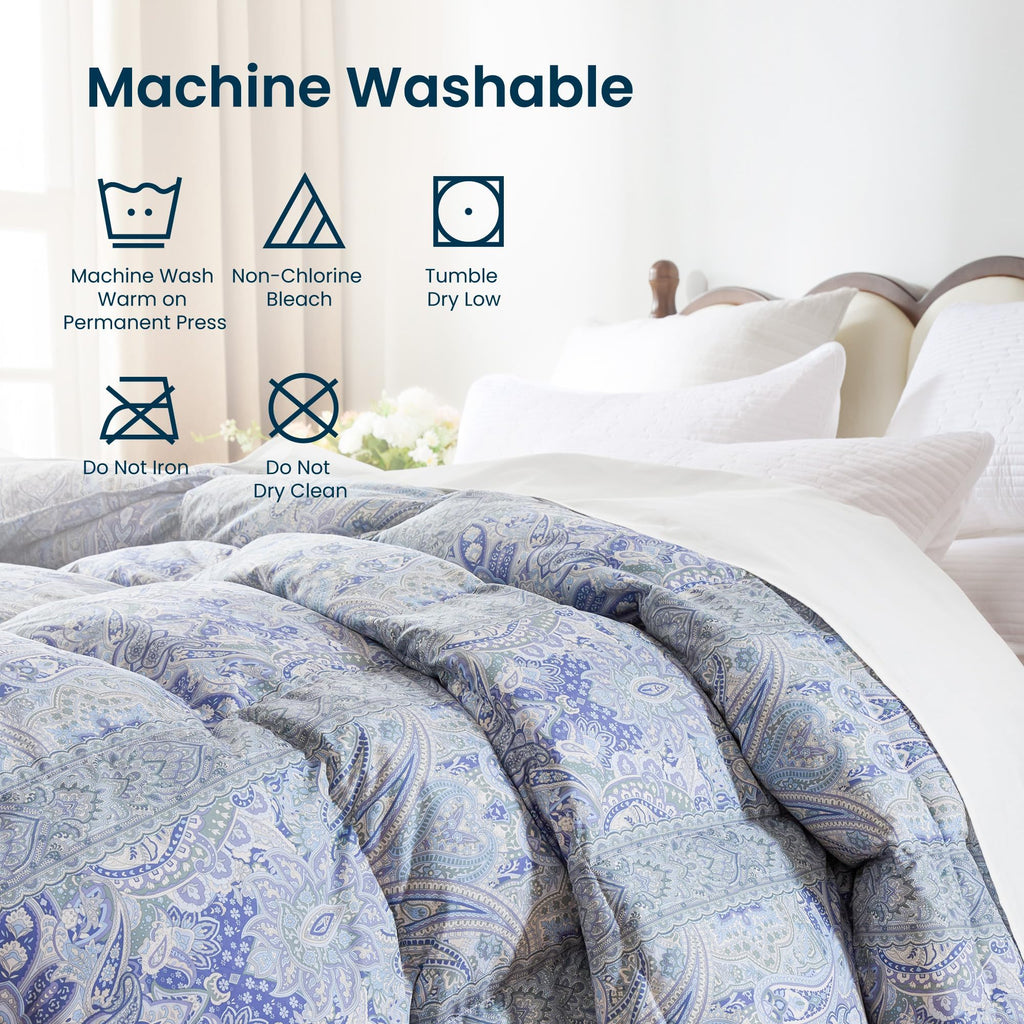 California King Size Feather Down Comforter, Ultra Soft All-Season Feather Duvet Insert, Blue Paisley, California King