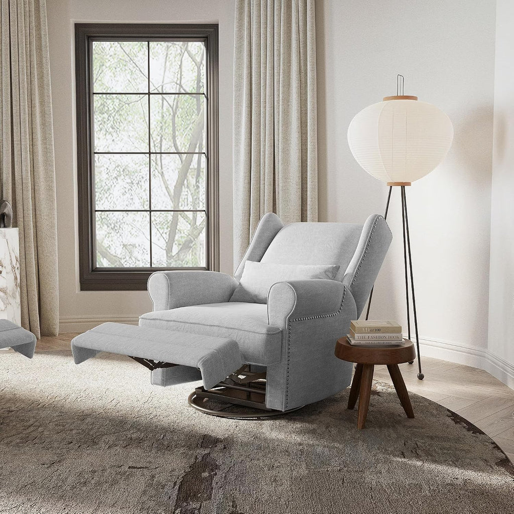 Manual Swivel Rocker Recliner w/ Lumbar Support, Linen Nursery Glider, Gray | 360° Swivel, Nailhead Trim