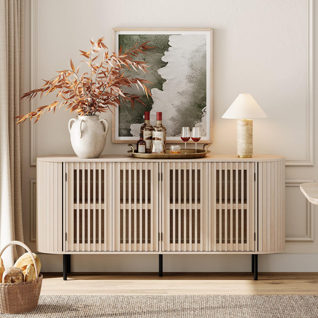 Fluted Sideboard Buffet Cabinet, 65" Mid Century Modern Credenza Storage Cabinet with 4 Pop-Up Doors, Wood Accent