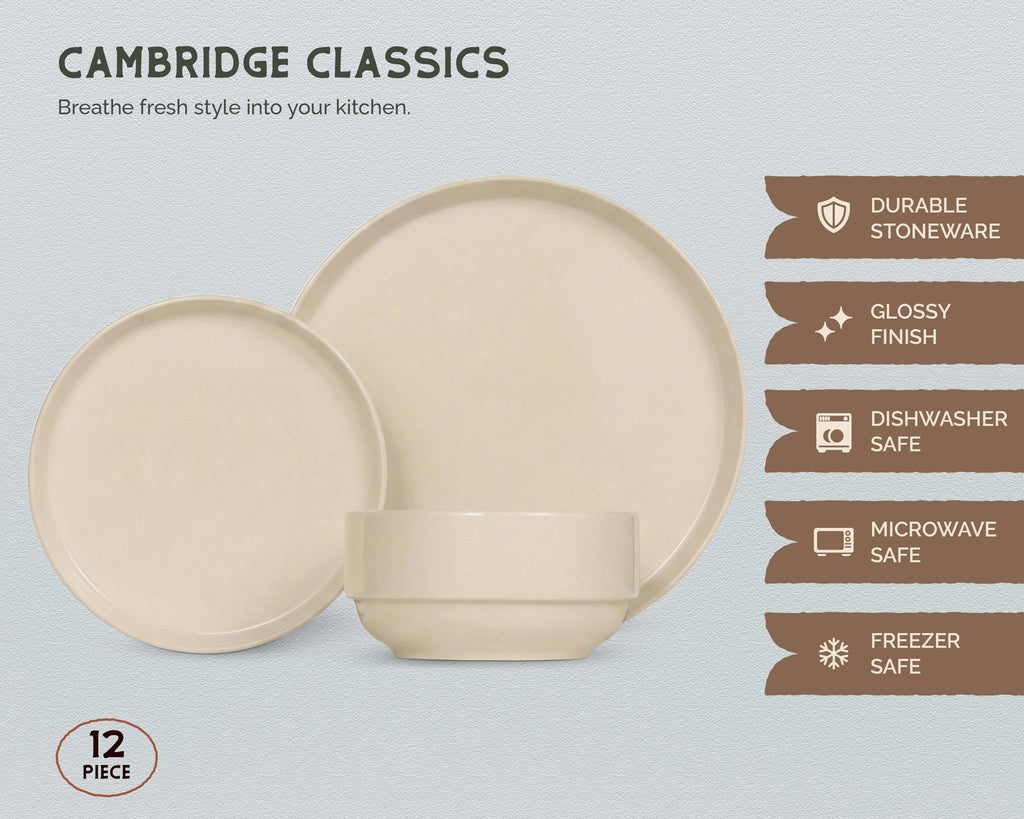 Ceramic Dinnerware Set, 12-Piece Service for 4, Soup Bowls (25 oz), Salad Plates (7.5"), Dinner Plates (10"), Round