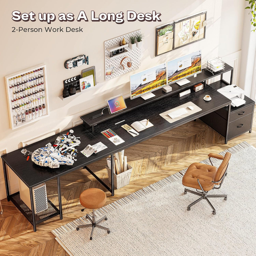 66" L Shaped Gaming Desk with LED Lights & Power Outlets | Computer Desk with Fabric Drawers and Print Stand, Corner