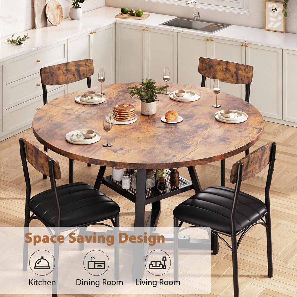 Dining Table Set for 4, Kitchen Table and Chairs for 4, Round Dining Room Table with Upholstered Chairs, 5 Piece Space