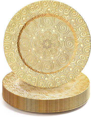 Gold Charger Plates, 13 Inch Plastic Dinner Plate, Reusable Round Phoenix Pattern Elegant Serve Ware Plates - Set of 12