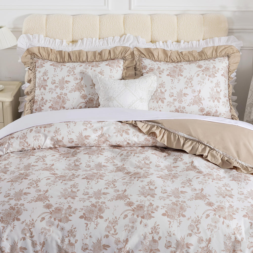 Ruffled Duvet Cover Set, 100% Cotton Brown Floral Bedding