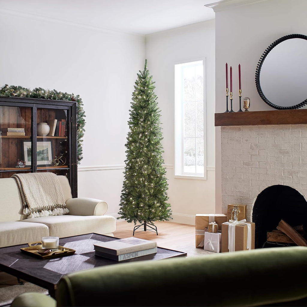 Tree Company 7.5ft Pre-Lit Kingswood Fir Slim Christmas Tree | 350 Clear Lights, 1,075 Tips, Includes Stand
