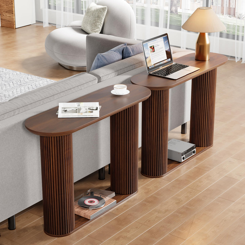 Fluted Console Table, Farmhouse Oval Curved Entryway Table with Storage and Fluted Wood Legs, Narrow Small Long Entry