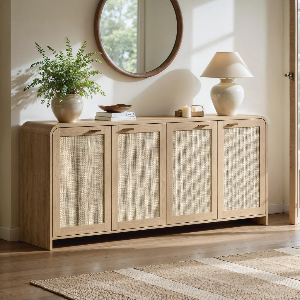 67" Rattan Sideboard Buffet Cabinet with Storage, Natural Oak