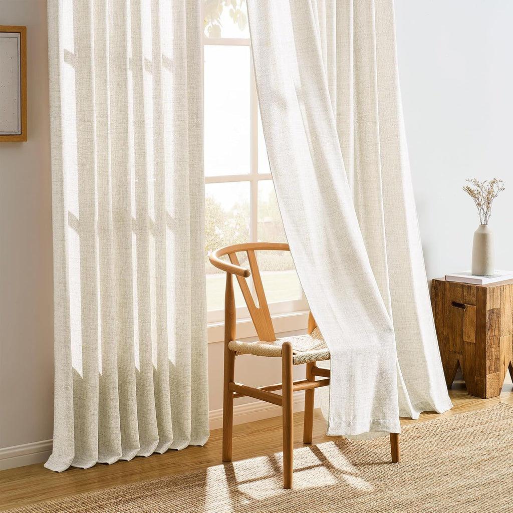 Natural Pinch Pleated Curtains 120 Inches Long Set of 2, Linen Drapes Back Tab with Hooks,Light Filtering Window