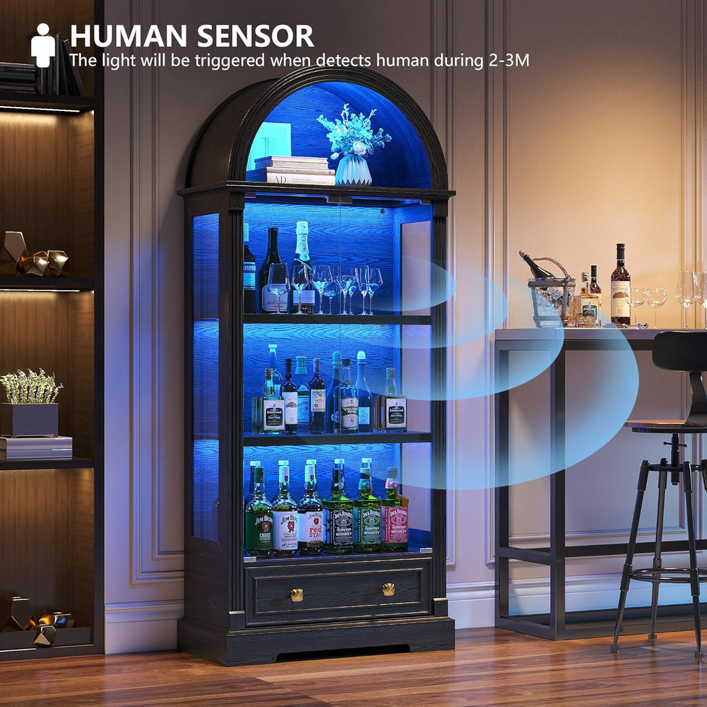 Black Curio Cabinet with Glass Doors, 72" Tall Arched Display Cabinet with Human Sensor Lights, 4-Tier Display Case