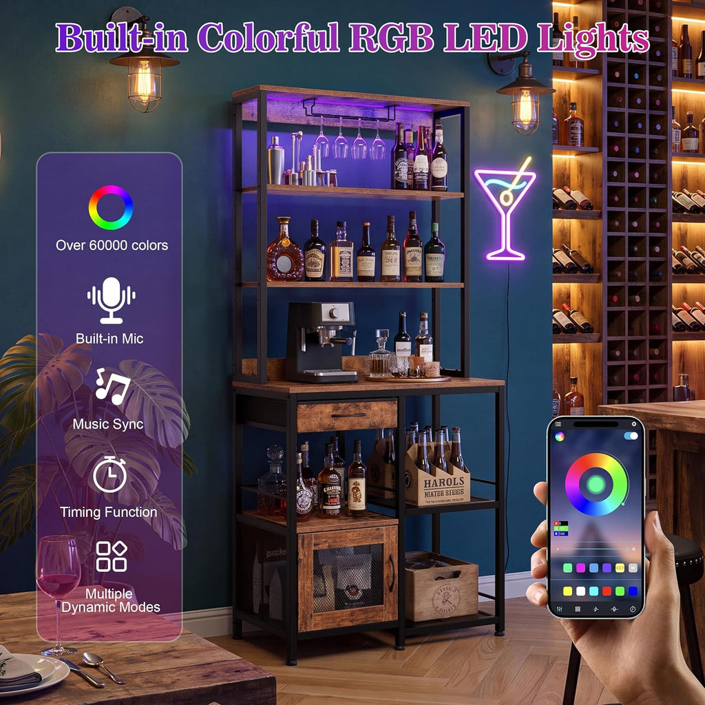 67.7" Tall Bar Cabinet with Power Outlets | Coffee Bar Cabinet, Glass Holder, Liquor Cabinets with LED Lights, Mini