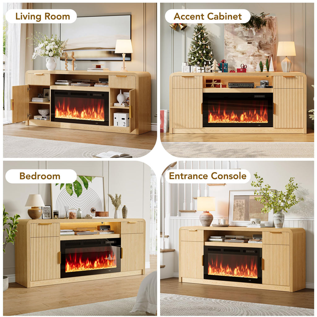 70" Fireplace TV Stand, Fluted Entertainment Center 36" Electric Fireplace for TVs Up to 80", Wood Media Console with