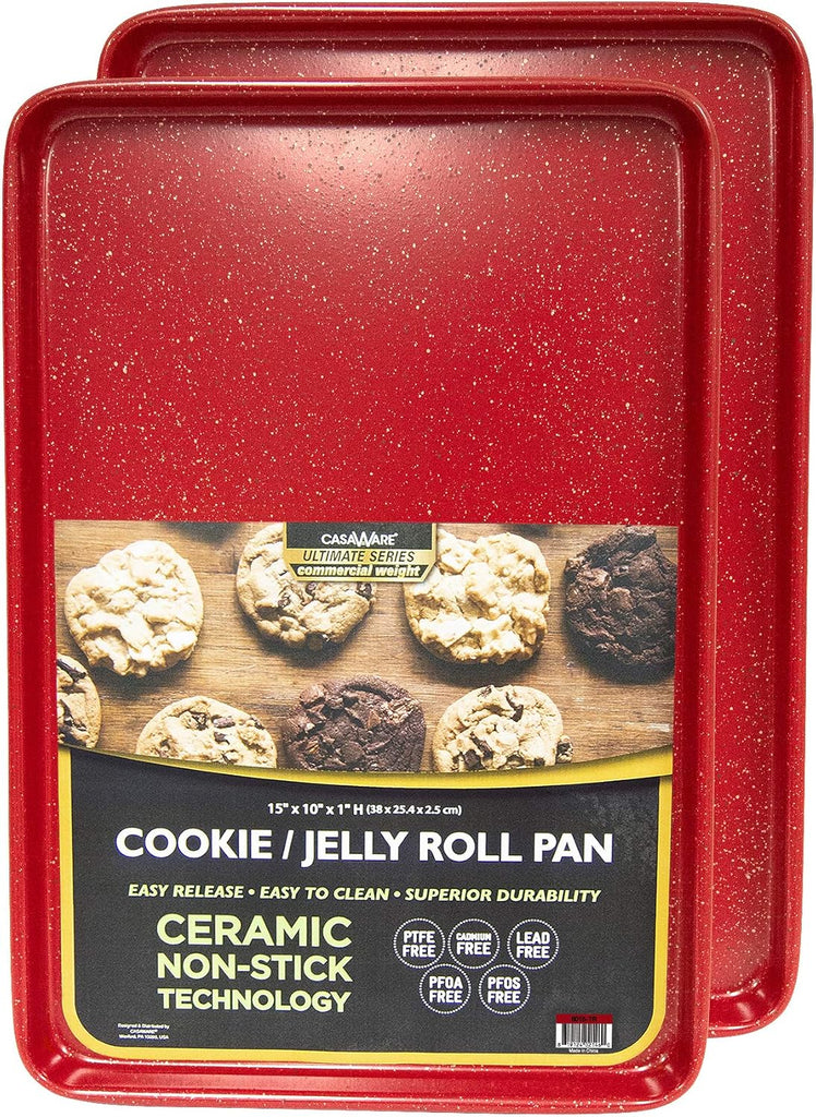 2pc Ultimate Commercial Weight 15 x 10 x 1-Inch Cookie Sheet Set (Red Granite)