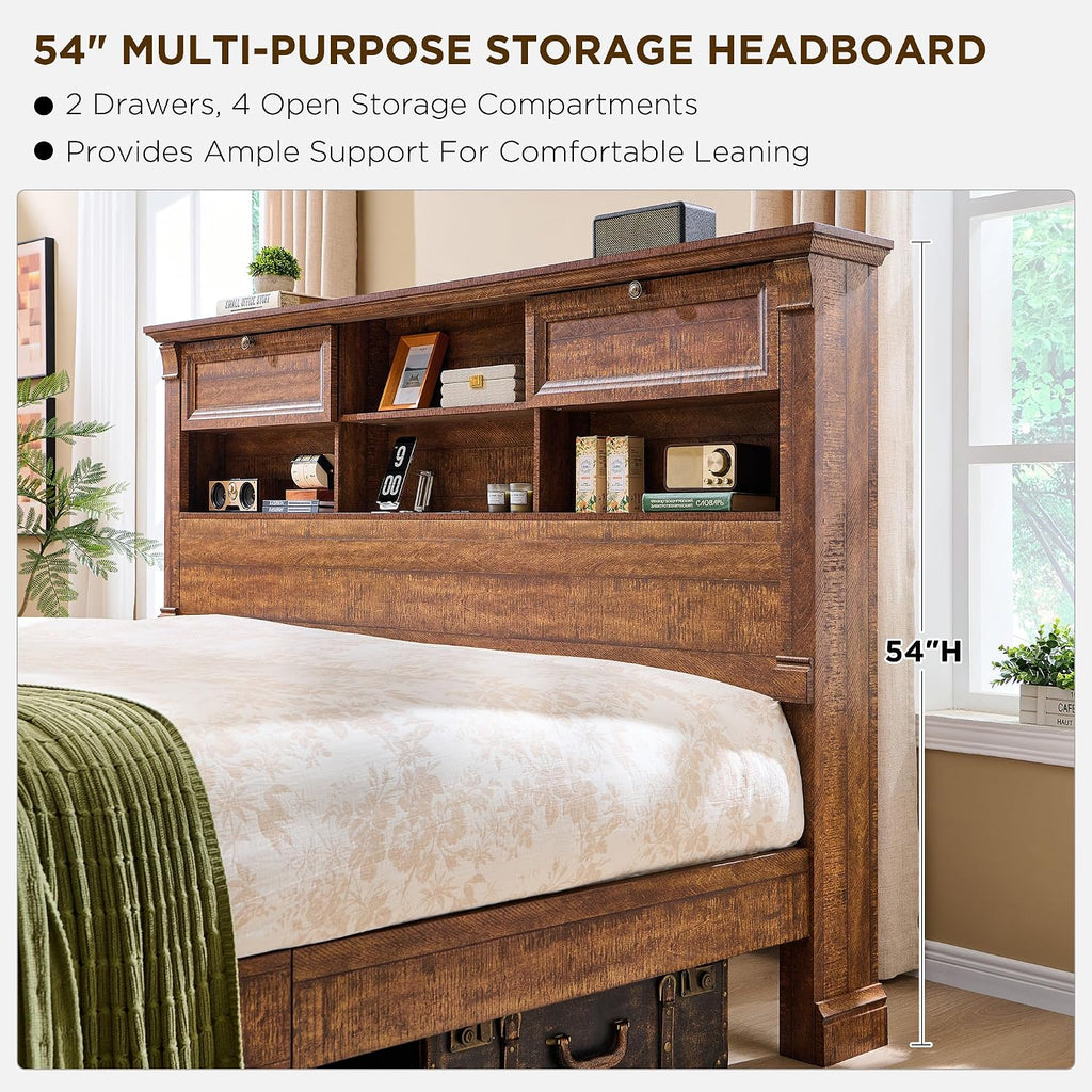 Farmhouse Queen Bed Frame with 54" Tall Storage Bookcase Headboard, Wood Platform Bed Frame with 18" Tall Roman