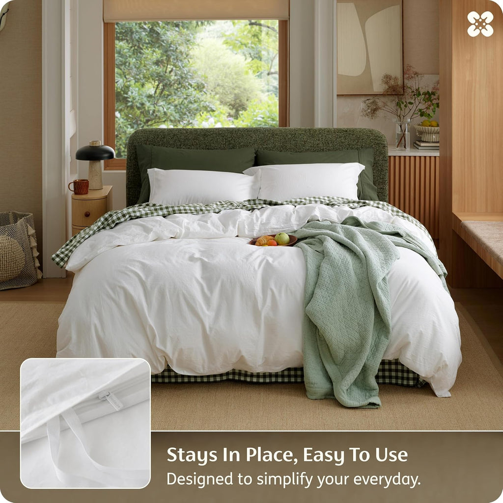 100% Washed Cotton Duvet Cover King - Natural White Minimalist Bedding Set Linen Like - PureWoven Plain Simple & Soft