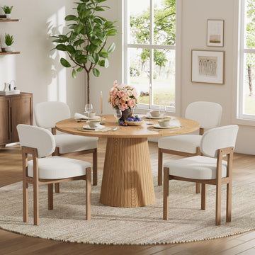 5-Piece Round Dining Table Set for 4, 47" Oak Dining Table + Beige Chenille Upholstered Dining Chairs with Light Oak