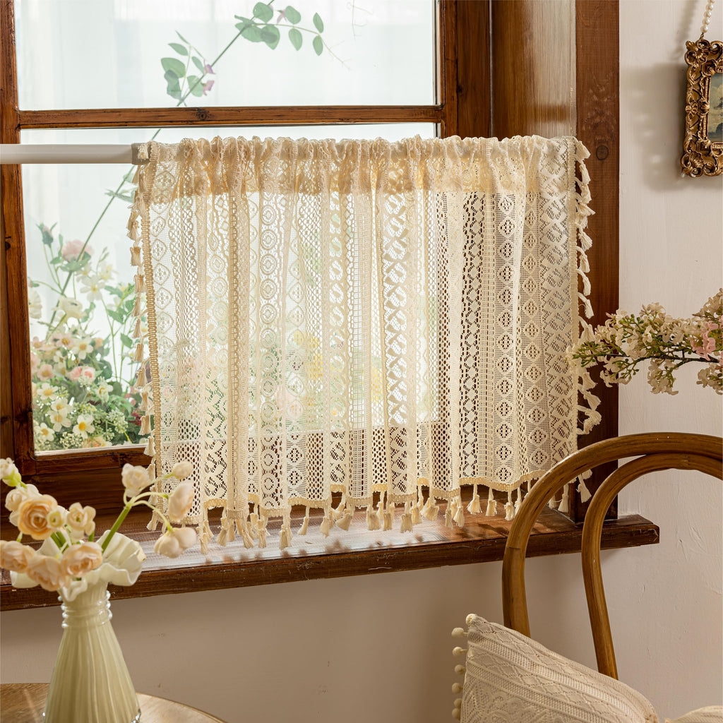 Beige Boho Lace Short Kitchen Curtains 36 inches Long for Cafe Laundry Room, Semi Sheer Window Curtains Farmhouse