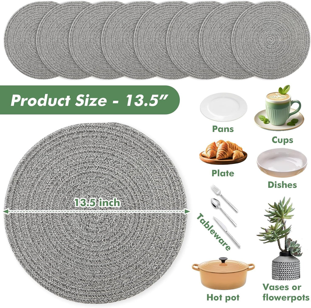 Round Woven Placemats 13.5 Inches Heat Resistant Placemats Farmhouse Cotton Rope Braided Place Mats for Dining - Set of 8