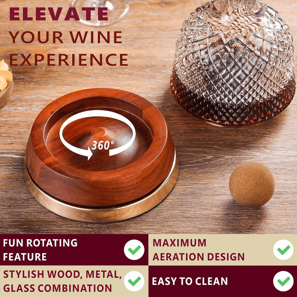 Rotating Wine Decanter with Wooden Base - 360° Spinning Wine Aerator for Fast Oxygenation, Crystal Clear Wine Carafe