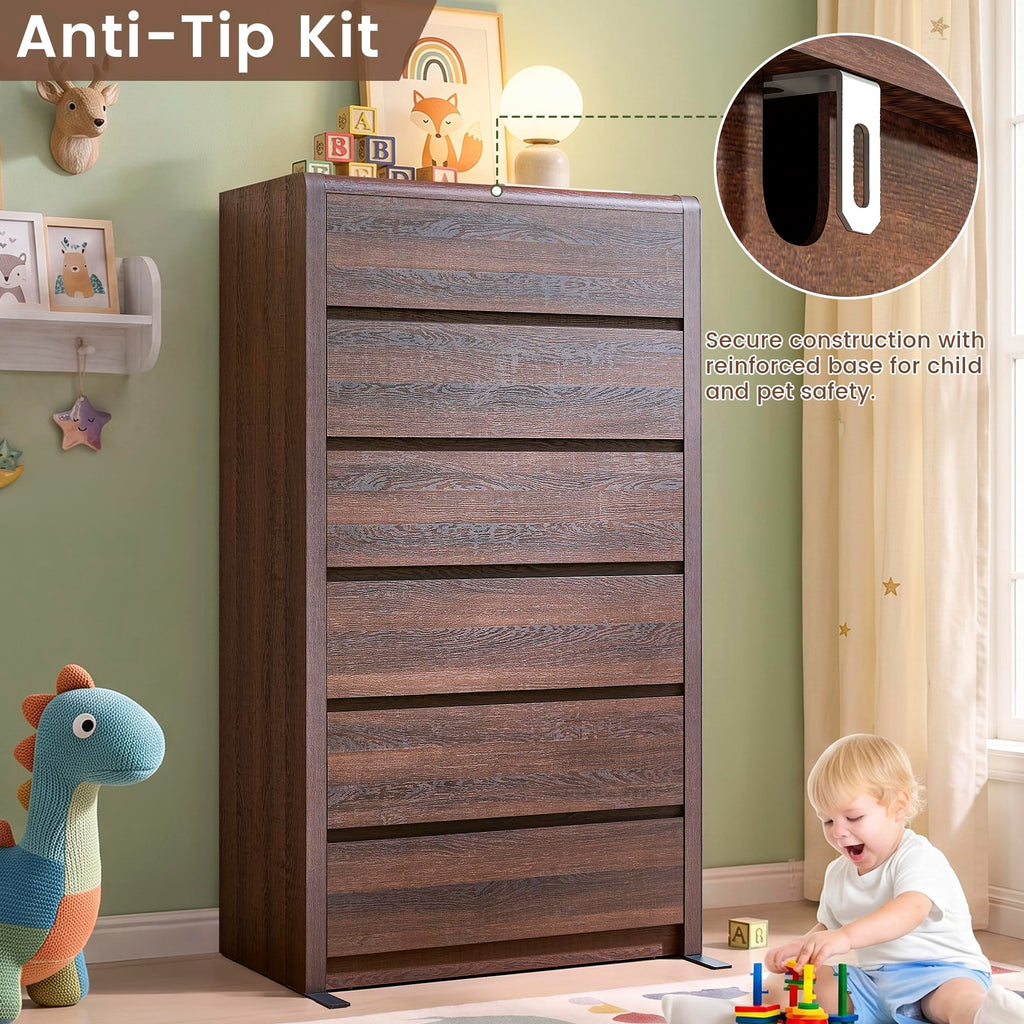 Modern 6 Drawers Dresser, 55.6" Tall Walnut Dressers & Chest of Drawer, Wooden Dresser, Front Curved & Handleless