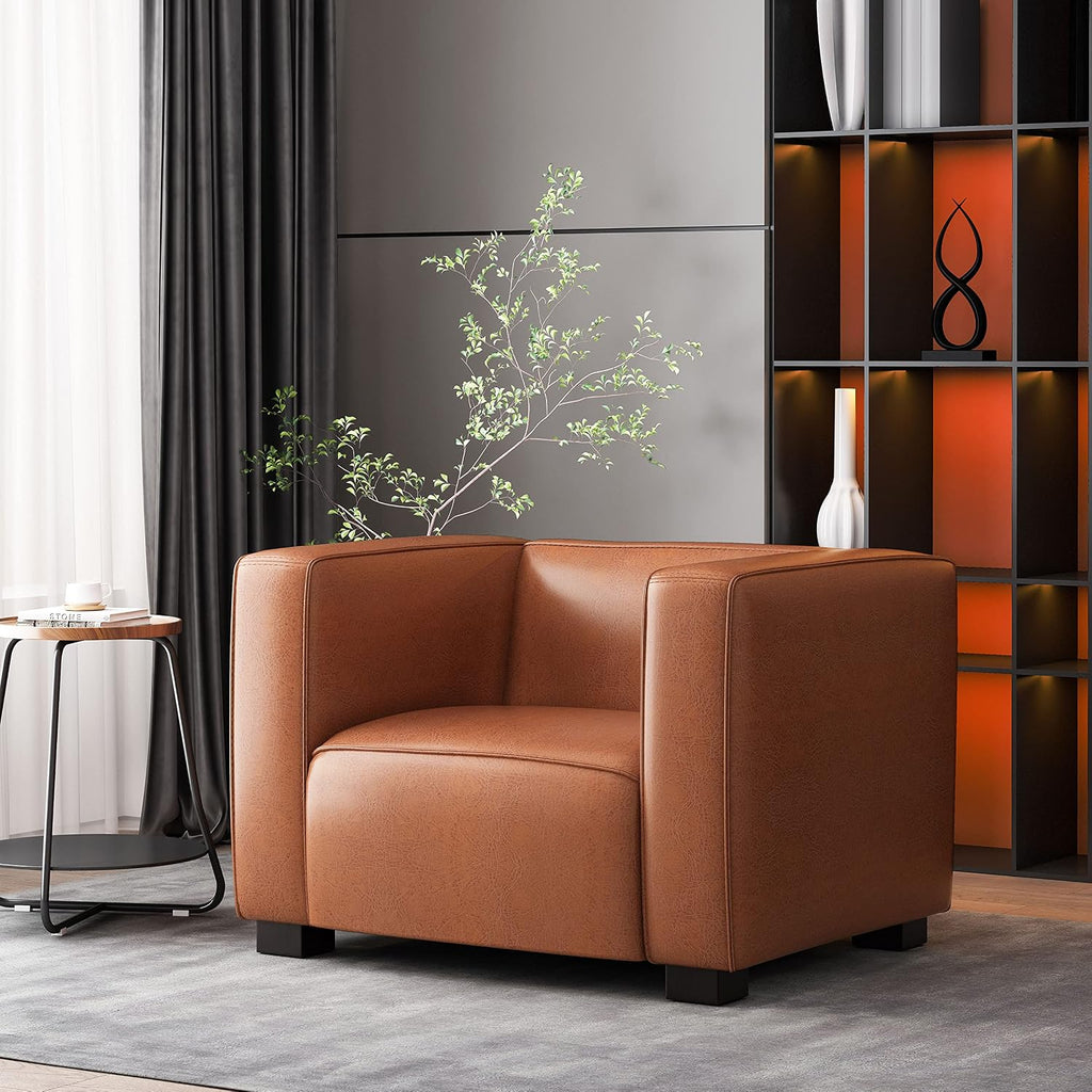 Goyette Club Chair - Faux Leather - Cognac Brown/Dark Walnut