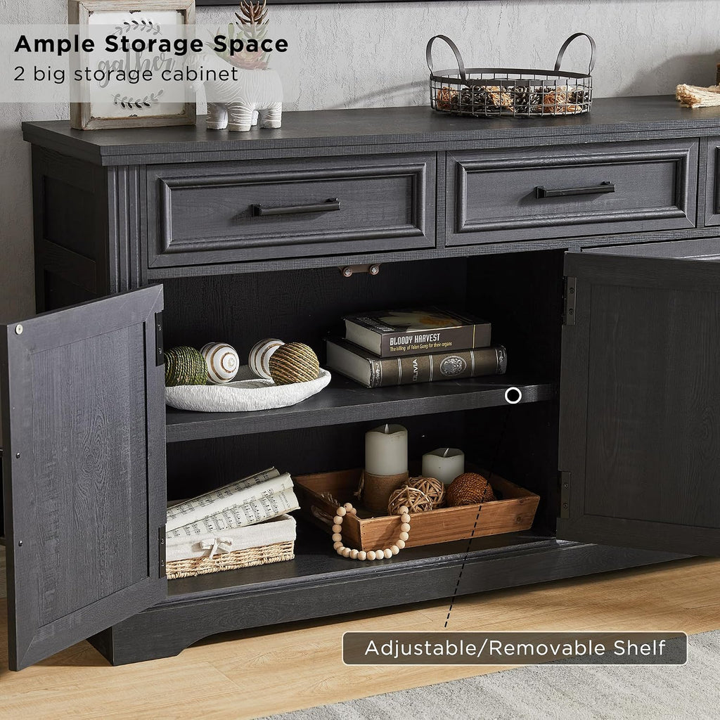 66" Farmhouse Buffet Cabinet with Storage, Sideboard Credenza, Carved Cloud-Inspired Doors, 3 Drawers & Adjustable