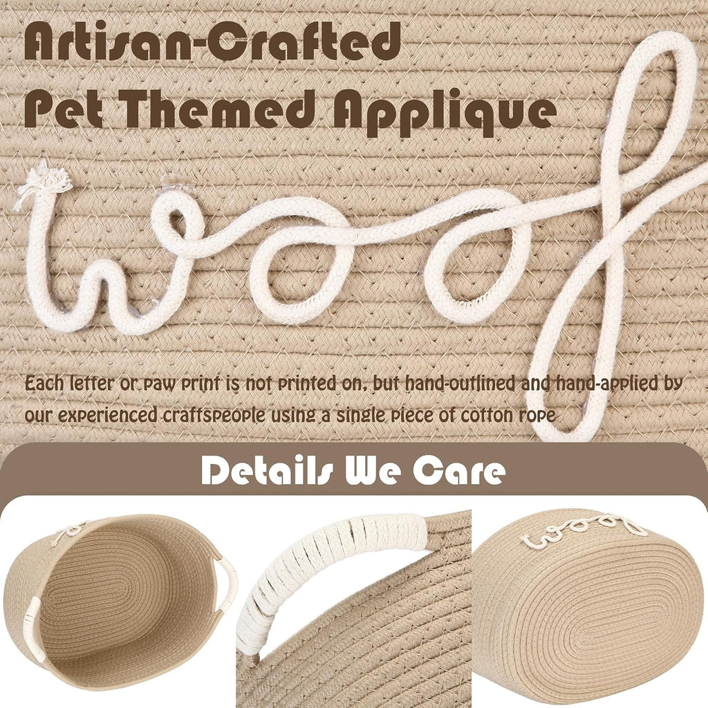 Dog Toy Storage Basket with Handles, Beige Woof