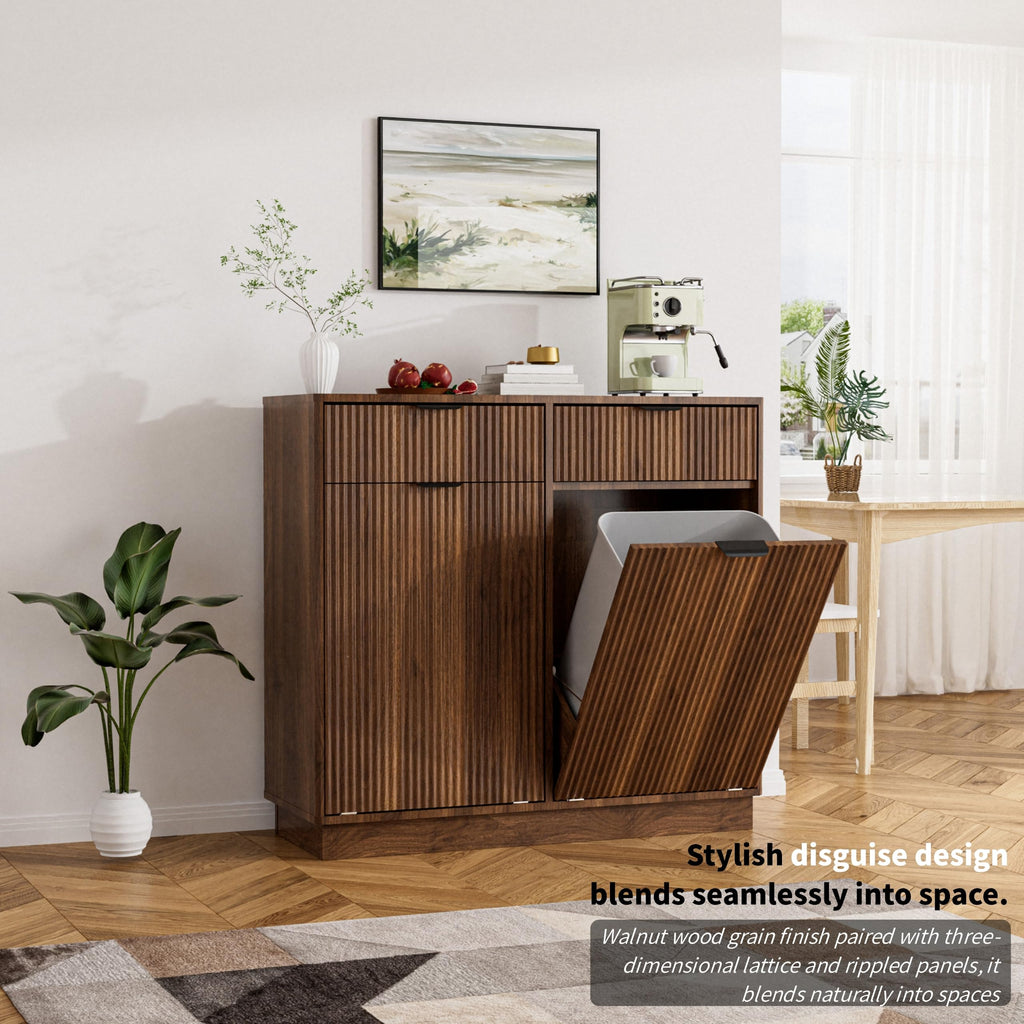 Dual 10 Gallon Tilt-Out Trash Cabinet, Laundry Hamper Cabinet, 2 Drawers.