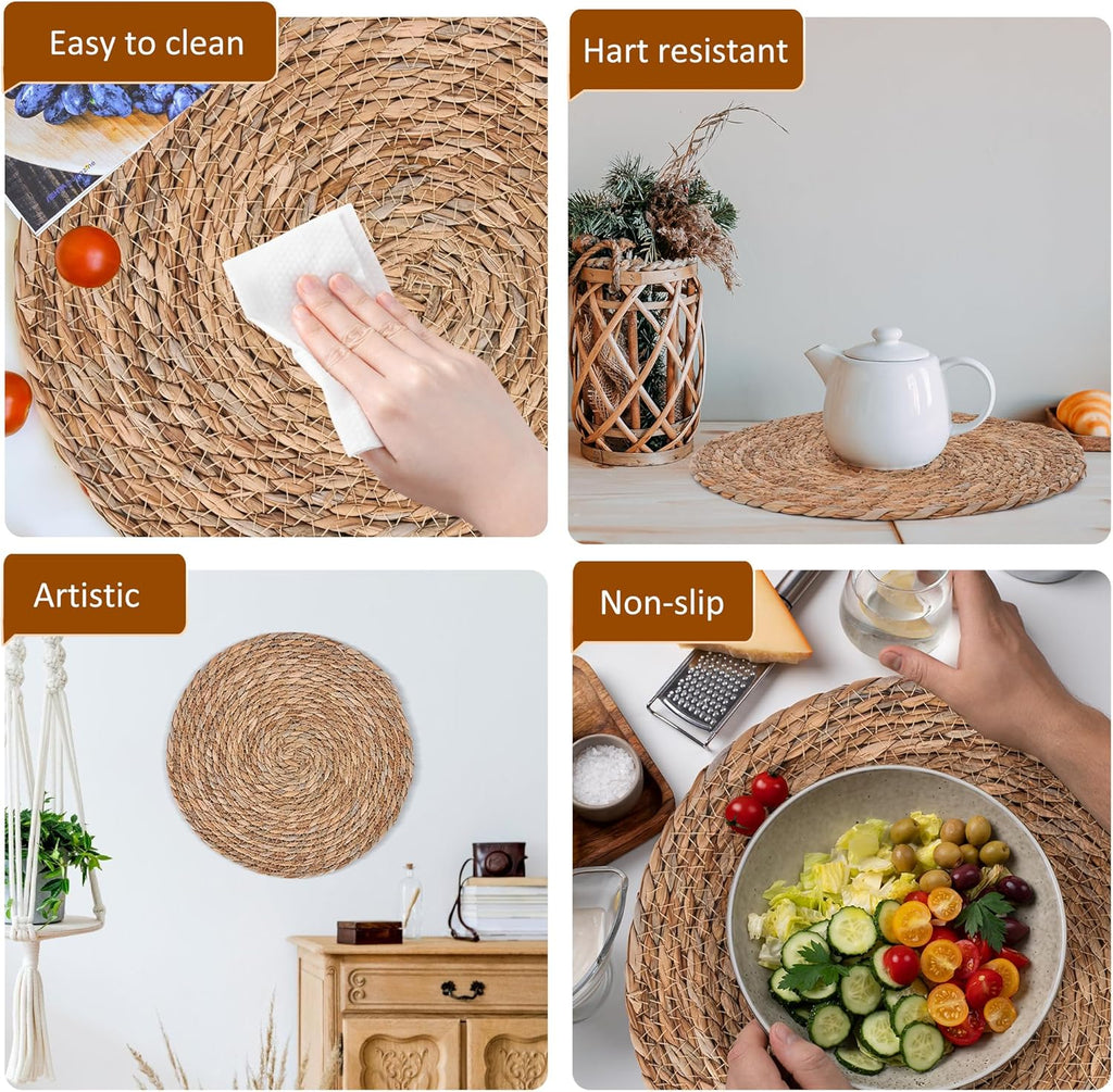 Defined Deco Woven Placemats,12" Round Rattan Placemats,Natural Hand-Woven Water Hyacinth - Set of 6